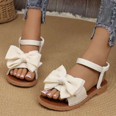 Women Sweet Solid Color Cloth Bowknot Flat Sandals Plus Size