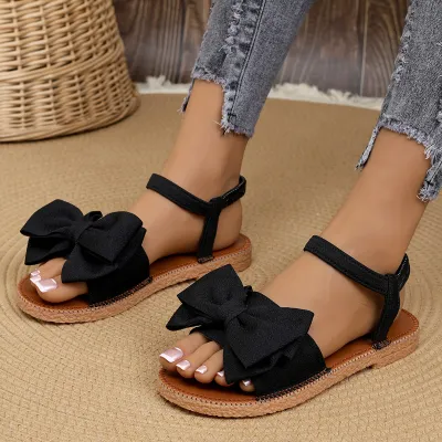 Women Sweet Solid Color Cloth Bowknot Flat Sandals Plus Size