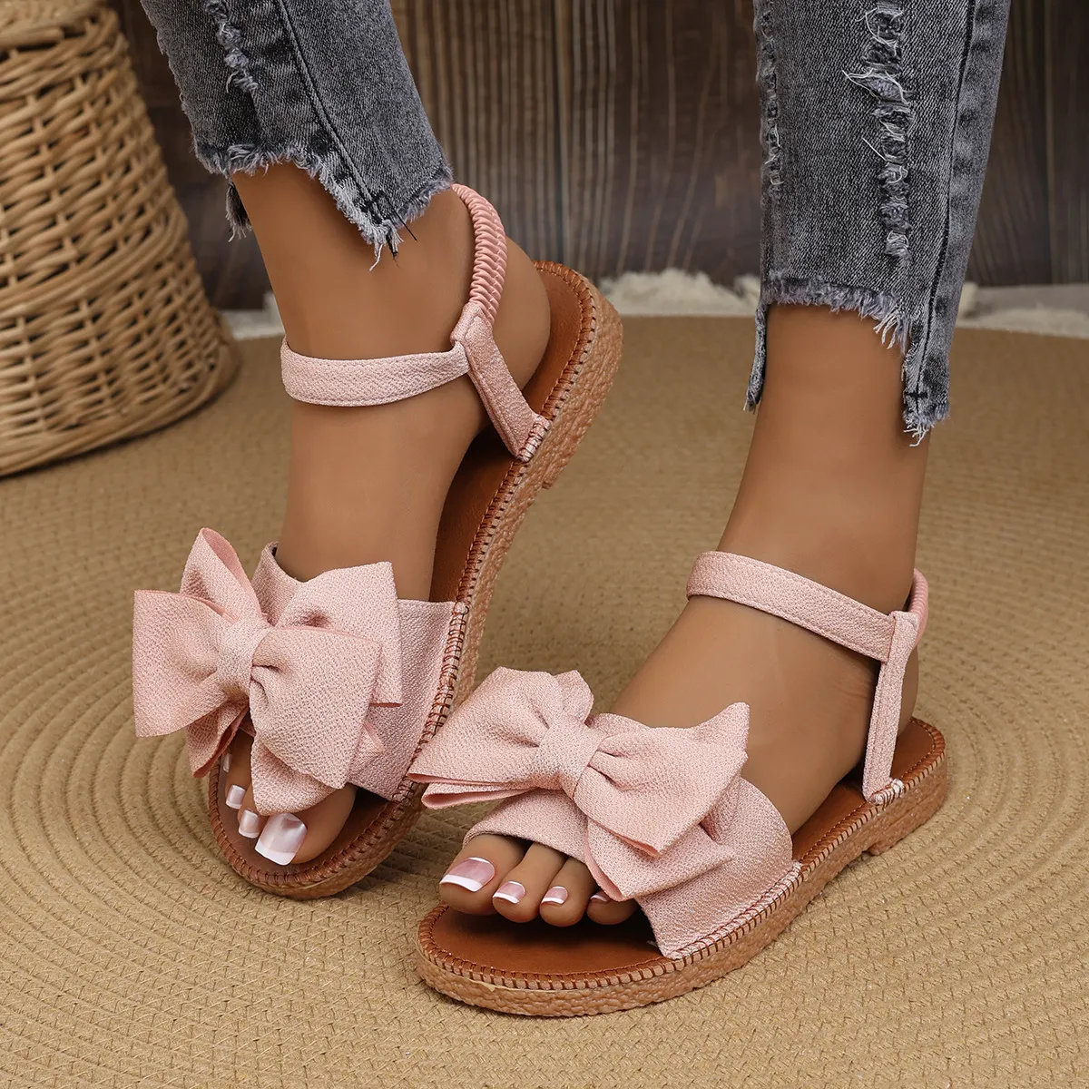 Women Sweet Solid Color Cloth Bowknot Flat Sandals Plus Size