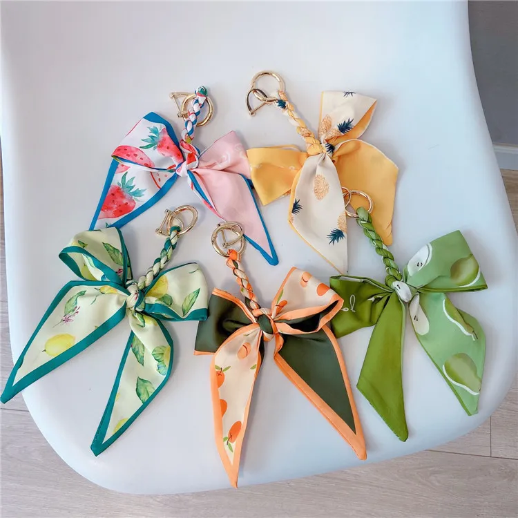 Fashion Fruit Printed Silk Scarf Bow Key Chain Pendant