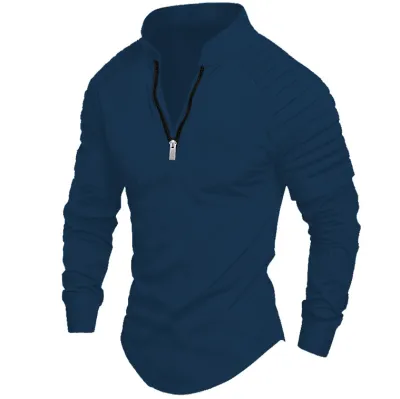 Men's Casual Light Cooked Leisure Stripe Half Zipper Polo Shirt