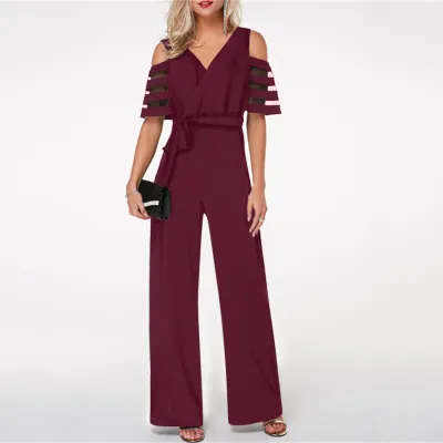 Elegant Women Solid Color Cool-Shoulder V Neck Office Jumpsuit