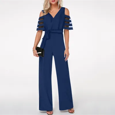Elegant Women Solid Color Cool-Shoulder V Neck Office Jumpsuit