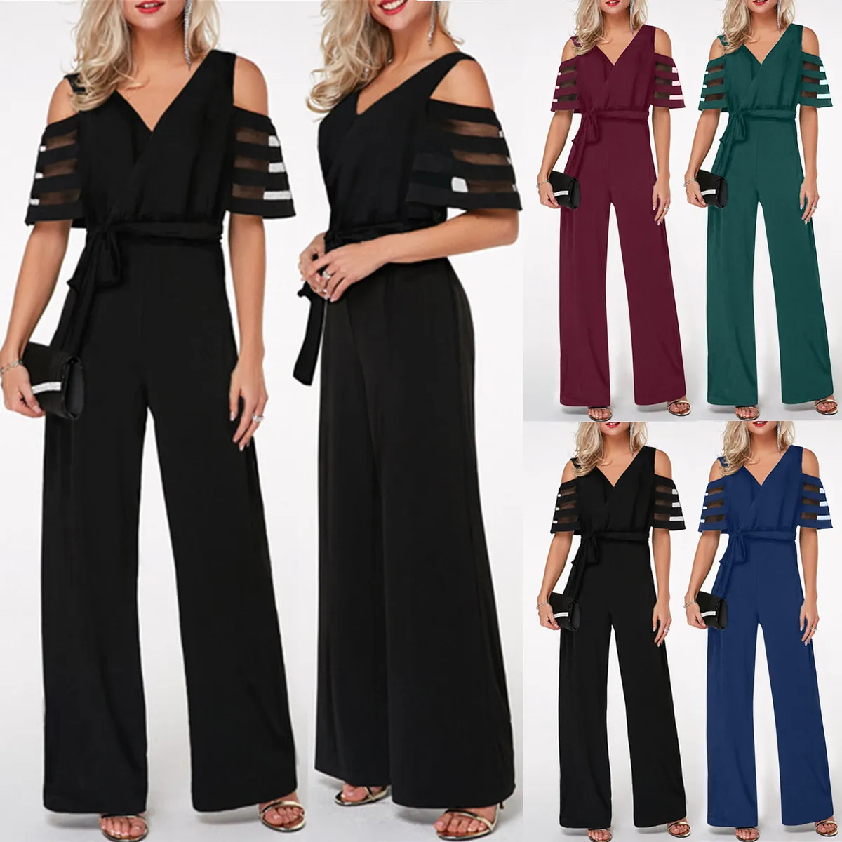 Elegant Women Solid Color Cool-Shoulder V Neck Office Jumpsuit