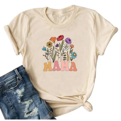 Women Mama Mom Letter Printed Colored Cotton T-Shirt