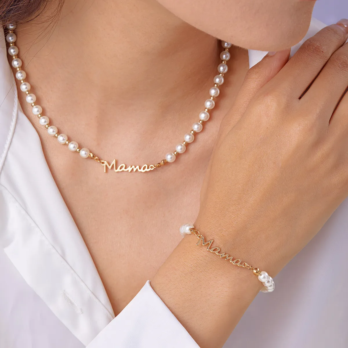 Mother's Day Mama Letter Pearl Bracelet Necklace Mom Gift Set