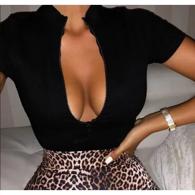 Women Fashion Sexy Solid Color Stand Collar Zipper Short-Sleeve Slim-Fit Crop Top