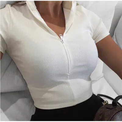 Women Fashion Sexy Solid Color Stand Collar Zipper Short-Sleeve Slim-Fit Crop Top