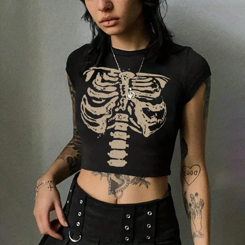 Women Retro Diablo Punk Print Short Sleeve Crop Top