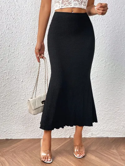 Women Fashion Elegant Solid Color High Waist Knitted Jacquard Fishtail Skirt