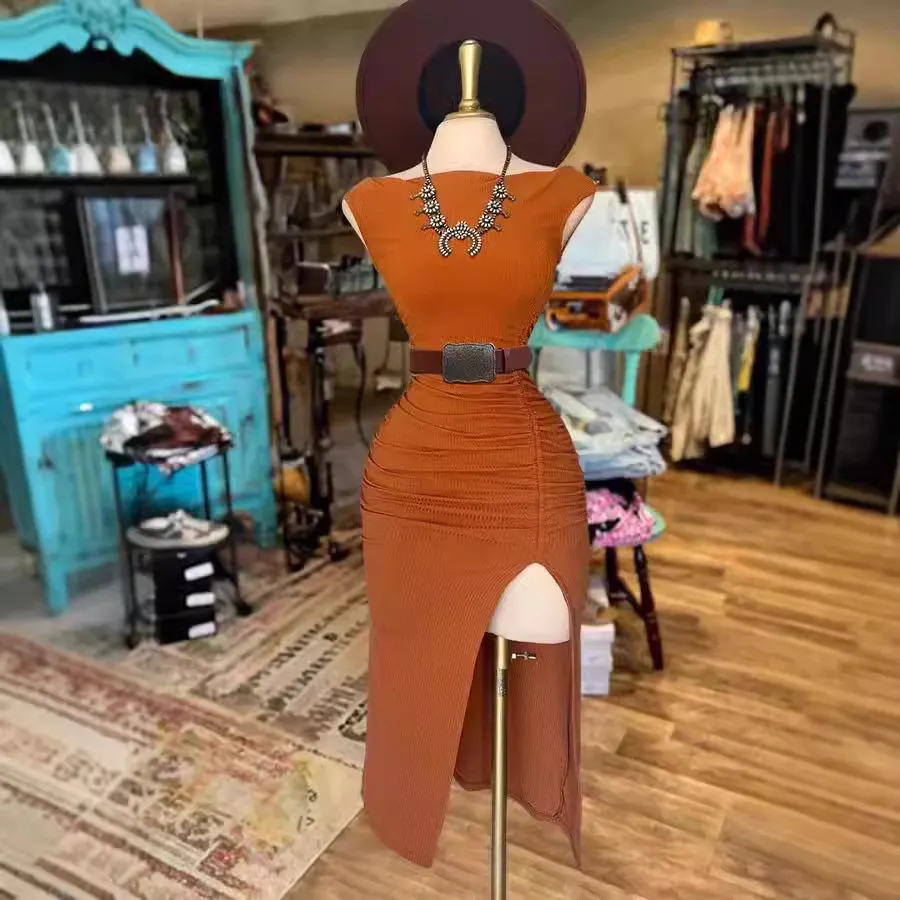 Women Retro Western Split Sleeveless Slim-Fit Knit Midi Dress