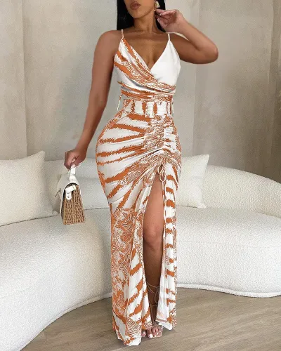 Women Fashion Sexy Irregular Printed Front Slit V-Neck Spaghetti Strap Dress