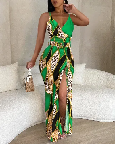 Women Fashion Sexy Irregular Printed Front Slit V-Neck Spaghetti Strap Dress