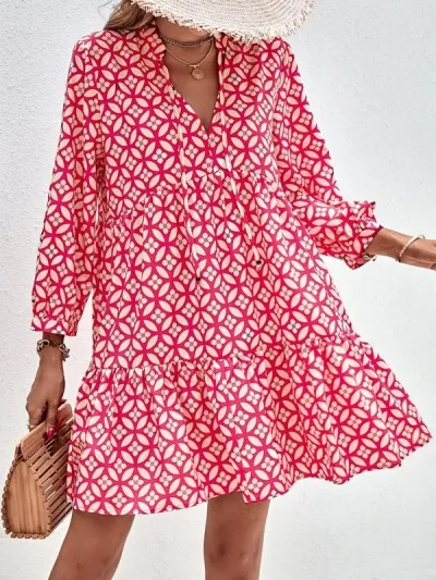 Women Casual Printed Long Sleeve Loose Cardigan Dress