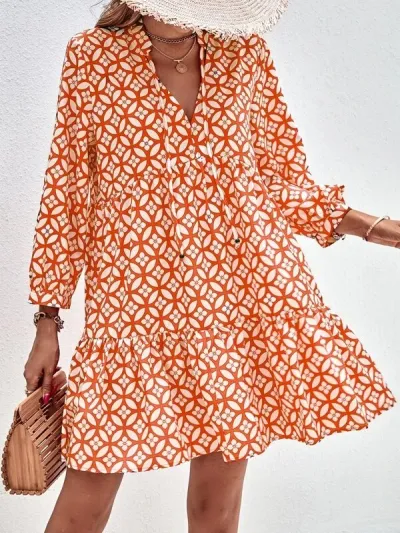 Women Casual Printed Long Sleeve Loose Cardigan Dress