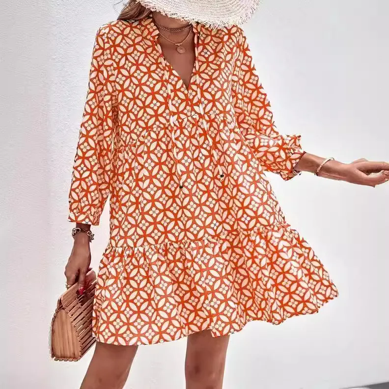 Women Casual Printed Long Sleeve Loose Cardigan Dress