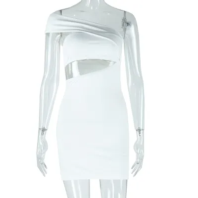 Women Nightclub Fashion Sexy Solid Color Slant Collar Sleeveless Hollow-Out Tight Dress