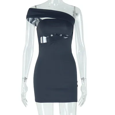 Women Nightclub Fashion Sexy Solid Color Slant Collar Sleeveless Hollow-Out Tight Dress