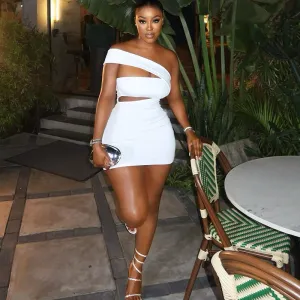 Women Nightclub Fashion Sexy Solid Color Slant Collar Sleeveless Hollow-Out Tight Dress