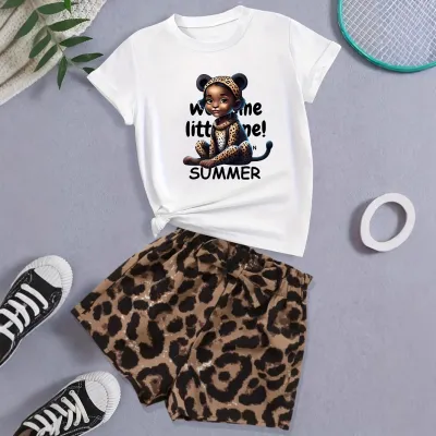 Kids Toddler Girls Fashion Casual Leopard Print Short Sleeve T-Shirt and Shorts Set