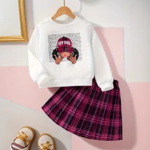 Kids Toddler Girls Fashion Casual Long Sleeve Sweatshirts Plaid Skirt Two-Piece Set