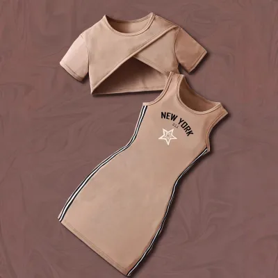 Kids Toddler Girls Fashion Casual Print Dress Sets Pullover Short Sleeve Top Skirt Set