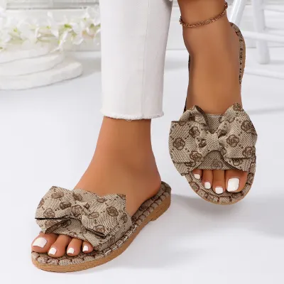 Women Fashion Casual Floral Bowknot Flat Slippers Plus Size