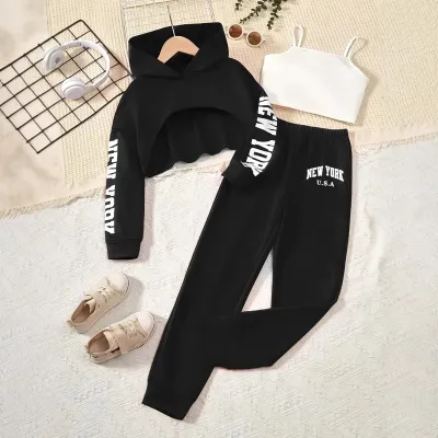 Kids Toddler Girls Alphabet Hoodies Pants Sets Long Sleeve Pullover Three-Piece Suit Casual Camisole Outfit Thickened Chemical Fiber