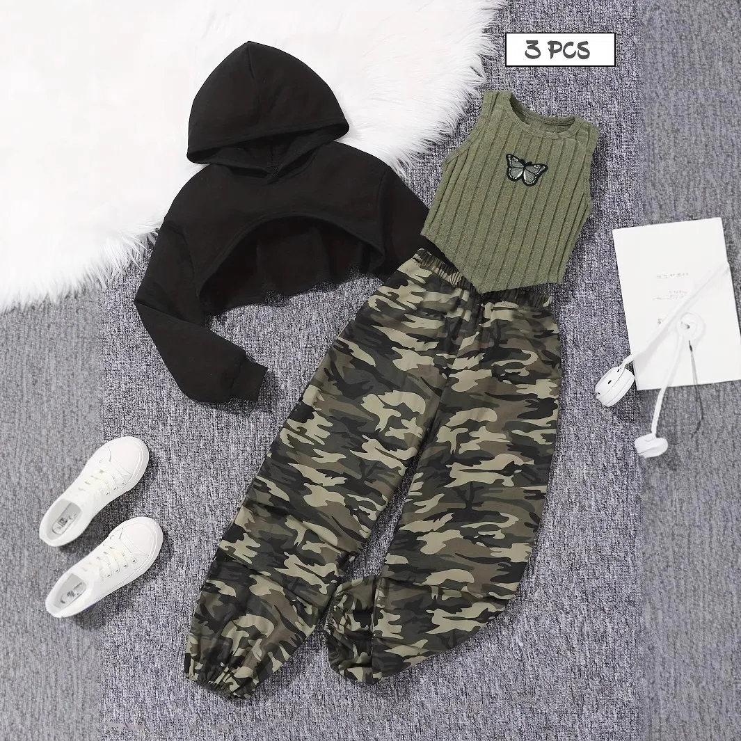 Kids Toddler Girls Casual Fashion Butterfly Tank Top Hoodies Camouflage Pants Sets Two-Piece