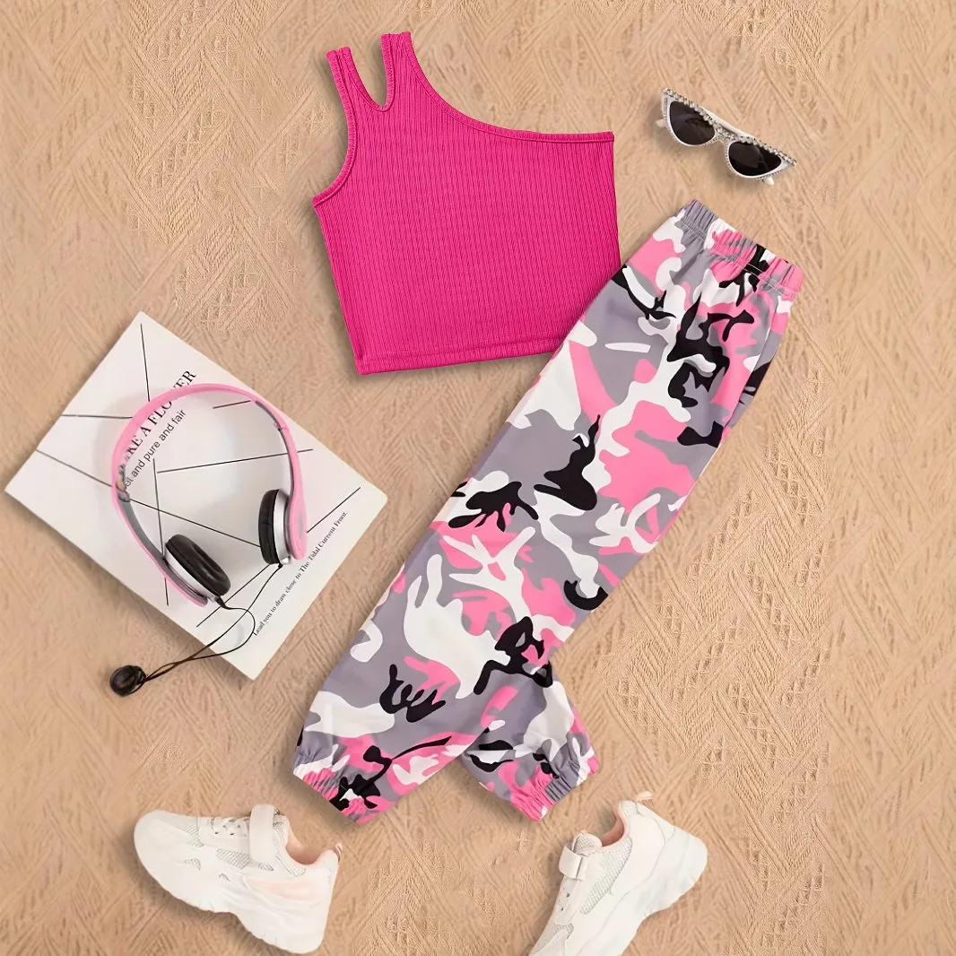 Kids Toddler Girls Fashion Casual Camouflage Tank Top Cargo Pants Two-Piece Set Pullover