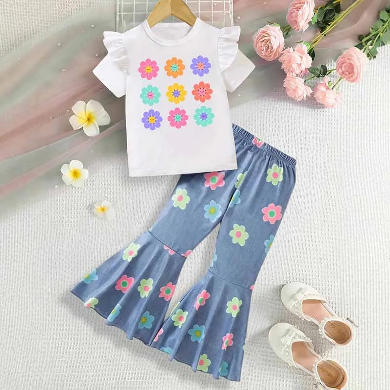 Kids Toddler Girls Cute Flower Print Short Sleeve T-Shirt Flare Trousers Casual Set