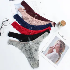 Women Sexy Lace Transparent Hollow-Out Mid-Waist Thong Panties