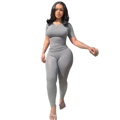 Women Casual Solid Color High Elastic Extra Long Sleeve Top Tight Pants Set
