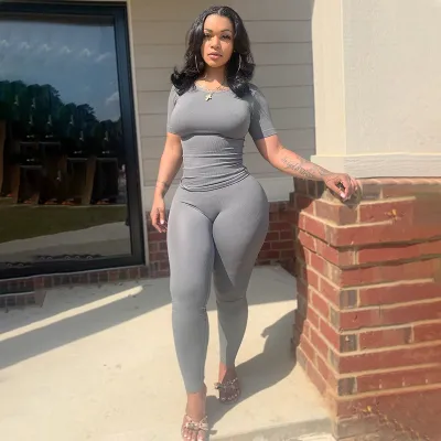 Women Fashion Casual Solid Color High Elastic Short-Sleeve Top Tight Pants Two-Piece Set