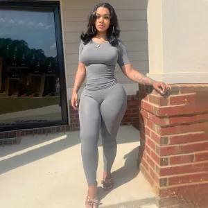 Women Casual Solid Color High Elastic Extra Long Sleeve Top Tight Pants Set