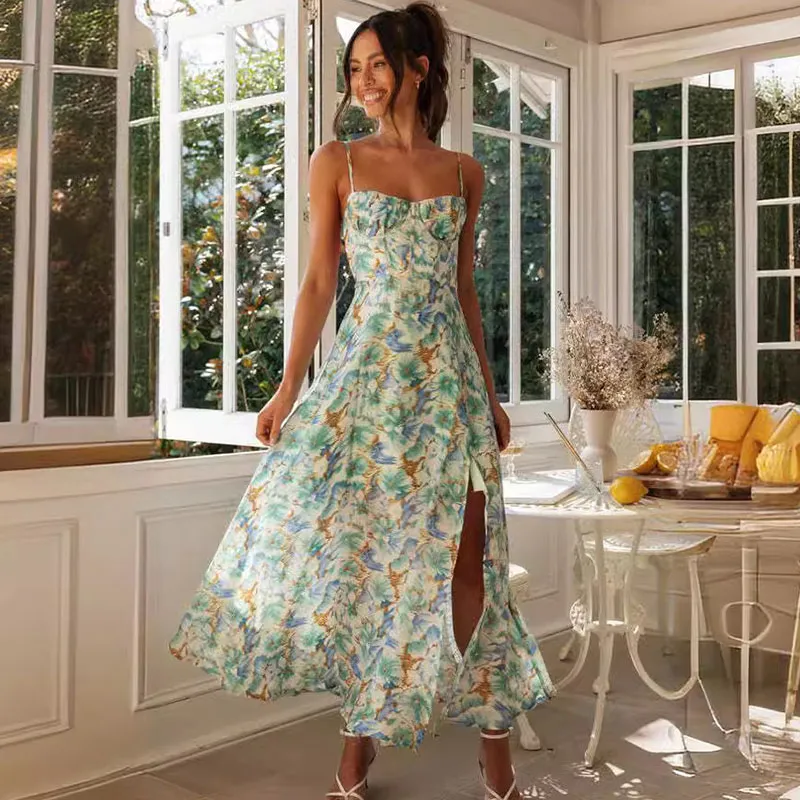 Women Spaghetti Strap Summer Backless Sexy Vacation Floral Sling Maxi Dress