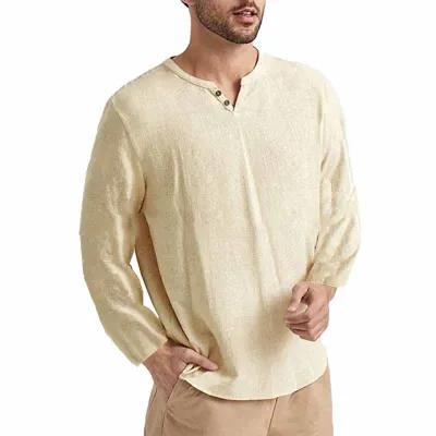 Men Casual Versatile Linen Solid Color Long Sleeve V Neck T-Shirt