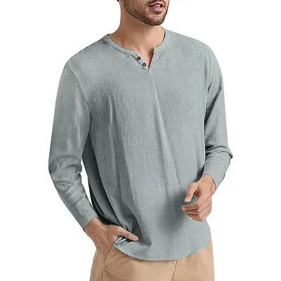 Men Casual Versatile Linen Solid Color Long Sleeve V Neck T-Shirt