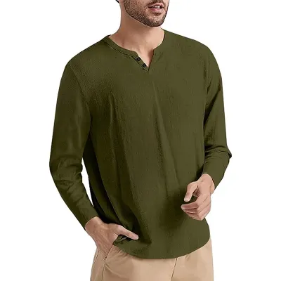 Men Casual Versatile Linen Solid Color Long Sleeve V Neck T-Shirt