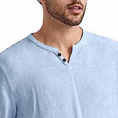 Men Casual Versatile Linen Solid Color Long Sleeve V Neck T-Shirt