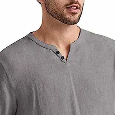 Men Casual Versatile Linen Solid Color Long Sleeve V Neck T-Shirt