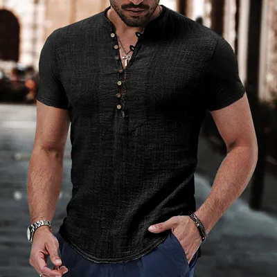 Men Casual Versatile Linen Solid Color Short Sleeve Pullover Shirt