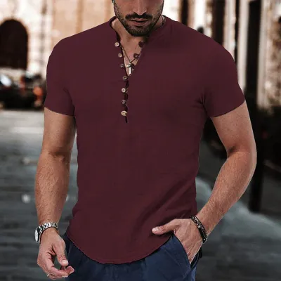 Men Casual Versatile Linen Solid Color Short Sleeve Pullover Shirt