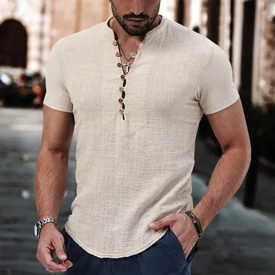Men Casual Versatile Linen Solid Color Short Sleeve Pullover Shirt