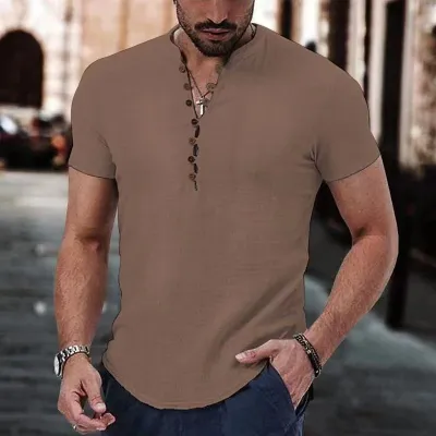 Men Casual Versatile Linen Solid Color Short Sleeve Pullover Shirt