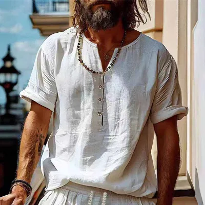 Men Casual Versatile Linen Solid Color Short Sleeve Shirt