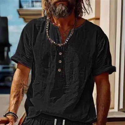 Men Casual Versatile Linen Solid Color Short Sleeve Shirt