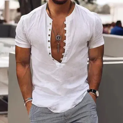 Men Casual Versatile Cotton Solid Color Short Sleeve Shirt