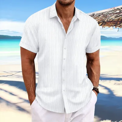 Men Casual Linen Stripe Lapel Cardigan Shirt with Epaulettes Long Sleeve Loose