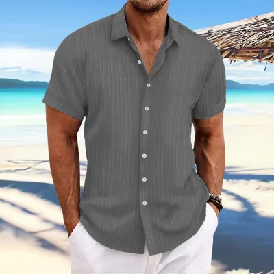 Men Casual Linen Stripe Lapel Cardigan Shirt with Epaulettes Long Sleeve Loose